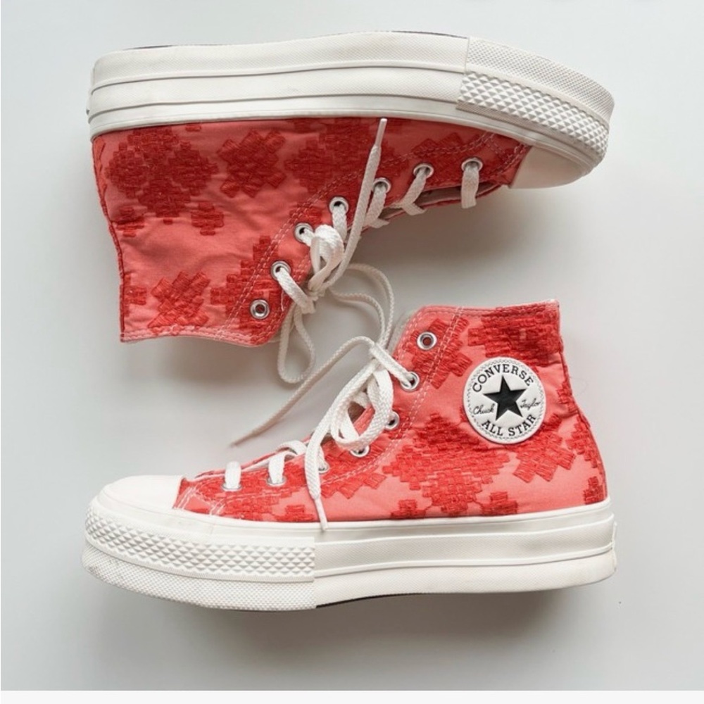 Converse Embroidered Coral and White High-Tops